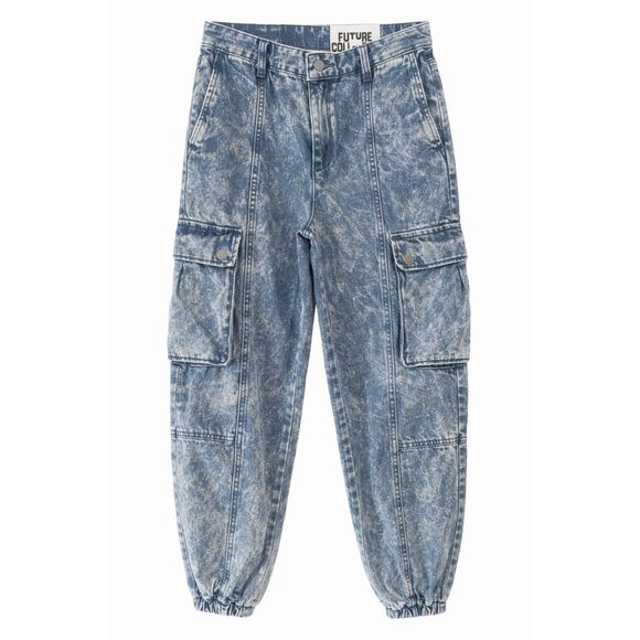 Future Collective Denim - 548 Women's Acid Wash Cargo Jeans Tapered Leg Utility Denim